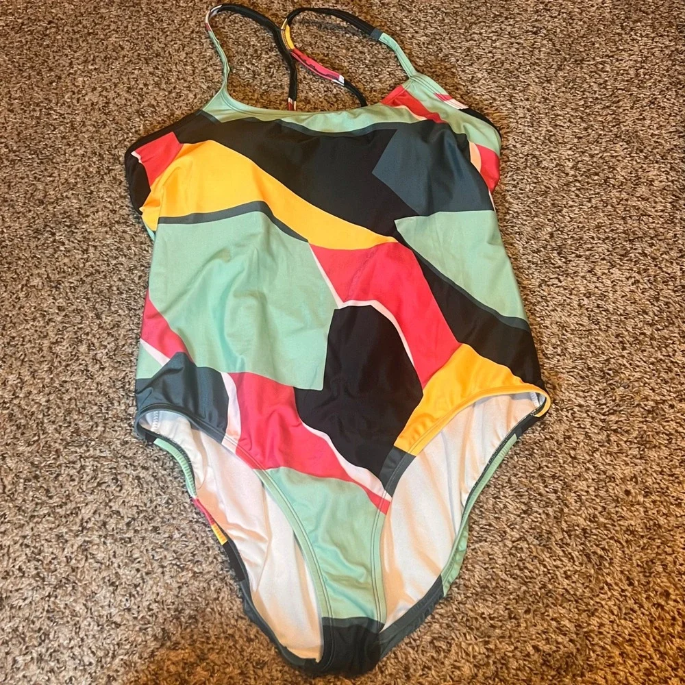 Xersion Women's XXL One Piece‎ Swimsuit Colorful Geometric Crisscross Back